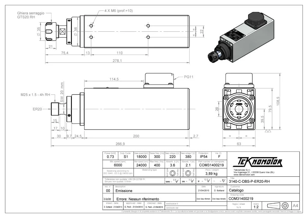 Teknomotor CNC Spindle -COM31400219 - ER20 thumbnail 2