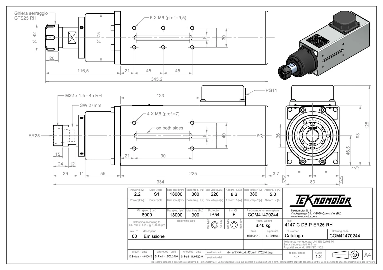 Teknomotor CNC Spindle -COM41470244 - ER25 thumbnail 2