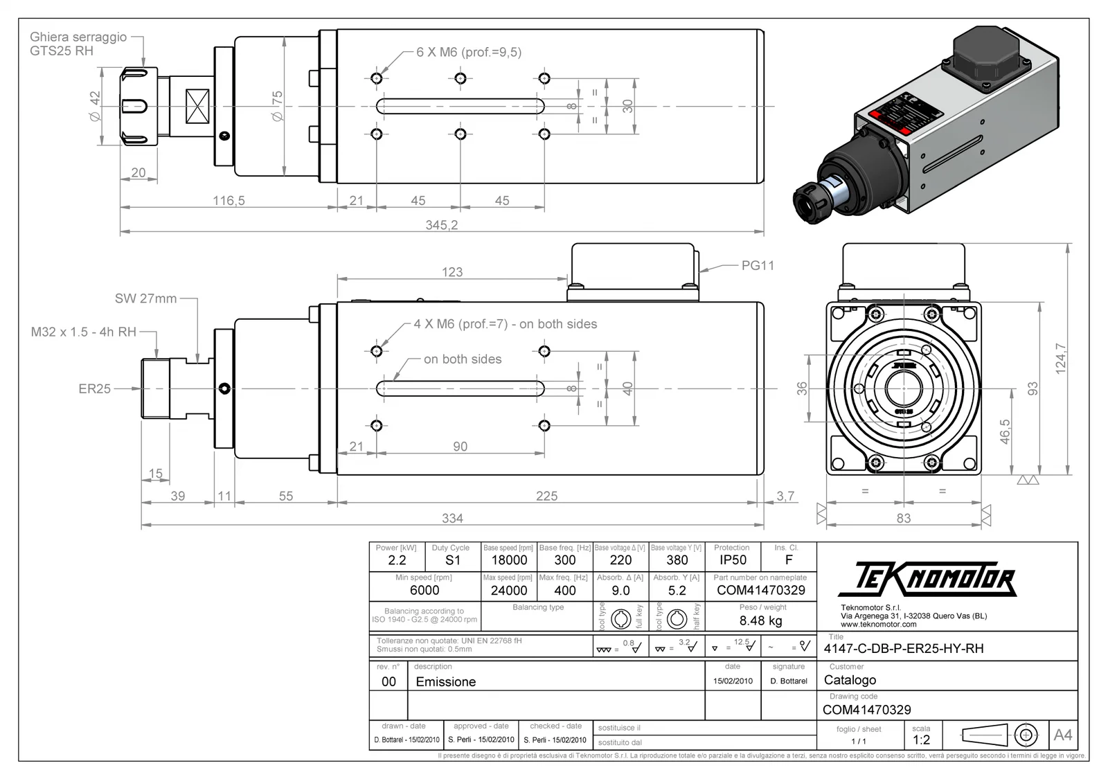 Teknomotor CNC Spindle -COM41470329 - ER25 thumbnail 2
