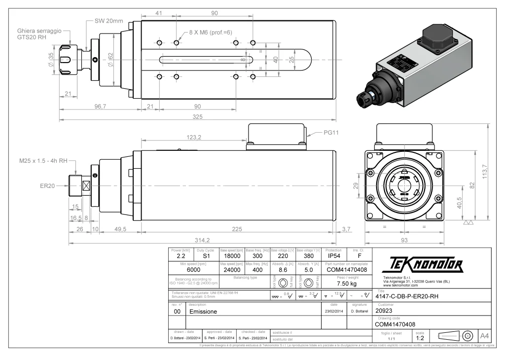Teknomotor CNC Spindle -COM41470408 - ER20 thumbnail 2